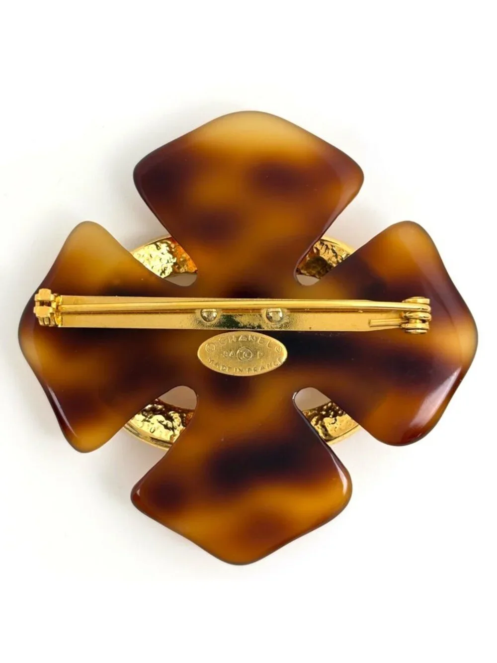 Chanel Brooch CC Logo Demi Pattern Plastic Gold Brown